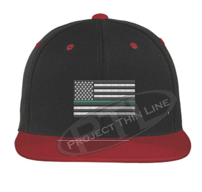 Black / Red Embroidered Thin GREEN American Flag Flat Bill Snapback Cap