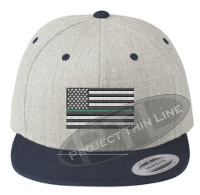 Heather / Navy Embroidered Thin GREEN American Flag Flat Bill Snapback Cap