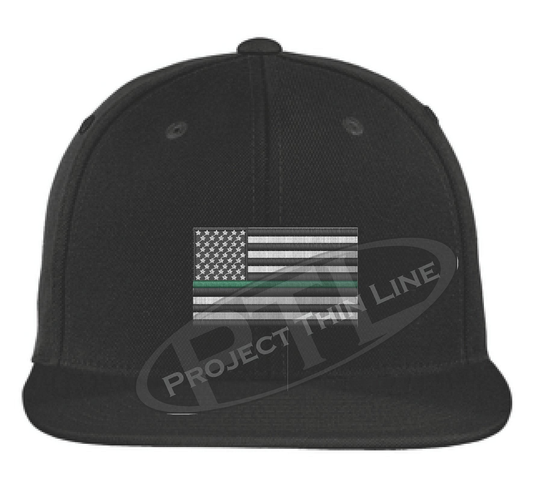 Black Embroidered Thin GREEN American Flag Flat Bill Snapback Cap