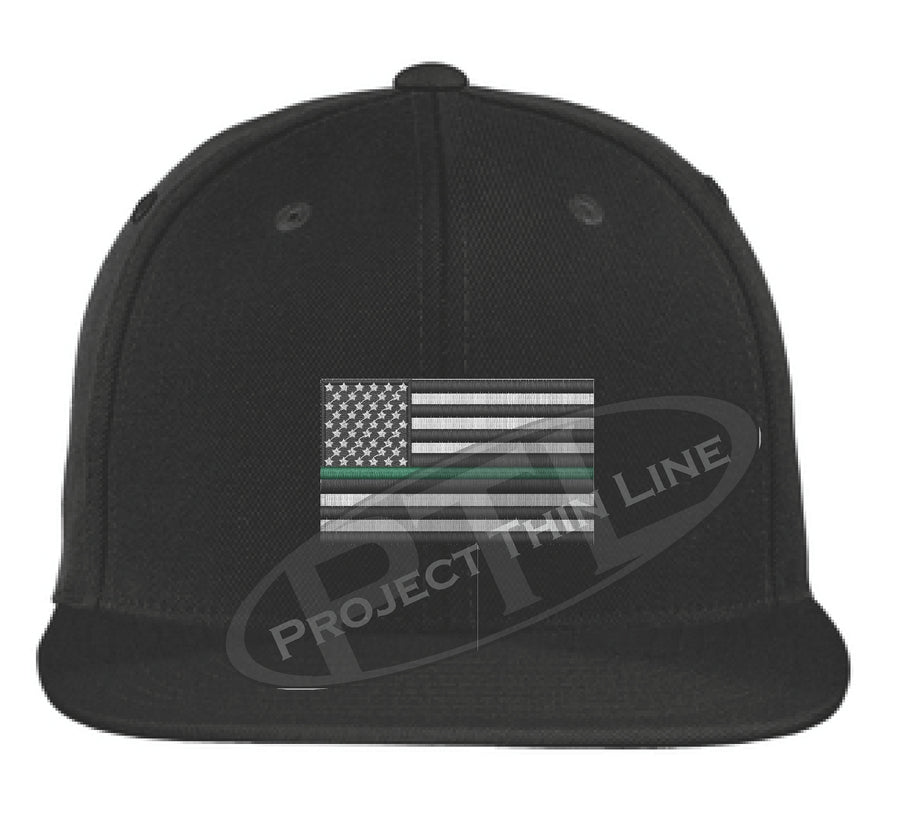 Black Embroidered Thin GREEN American Flag Flat Bill Snapback Cap