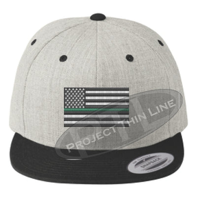 Heather / Black Embroidered Thin GREEN American Flag Flat Bill Snapback Cap