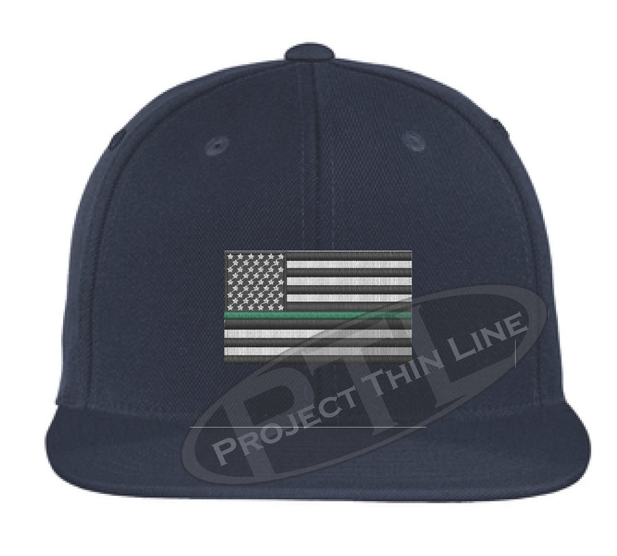 Black Embroidered Thin GREEN American Flag Flat Bill Snapback Cap