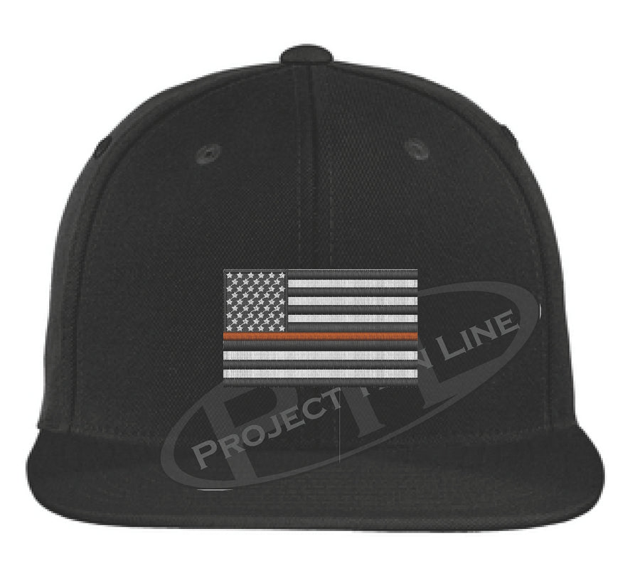 Black Embroidered Thin ORANGE American Flag Flat Bill Snapback Cap