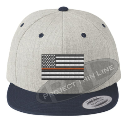 Heather / Navy Embroidered Thin ORANGE American Flag Flat Bill Snapback Cap