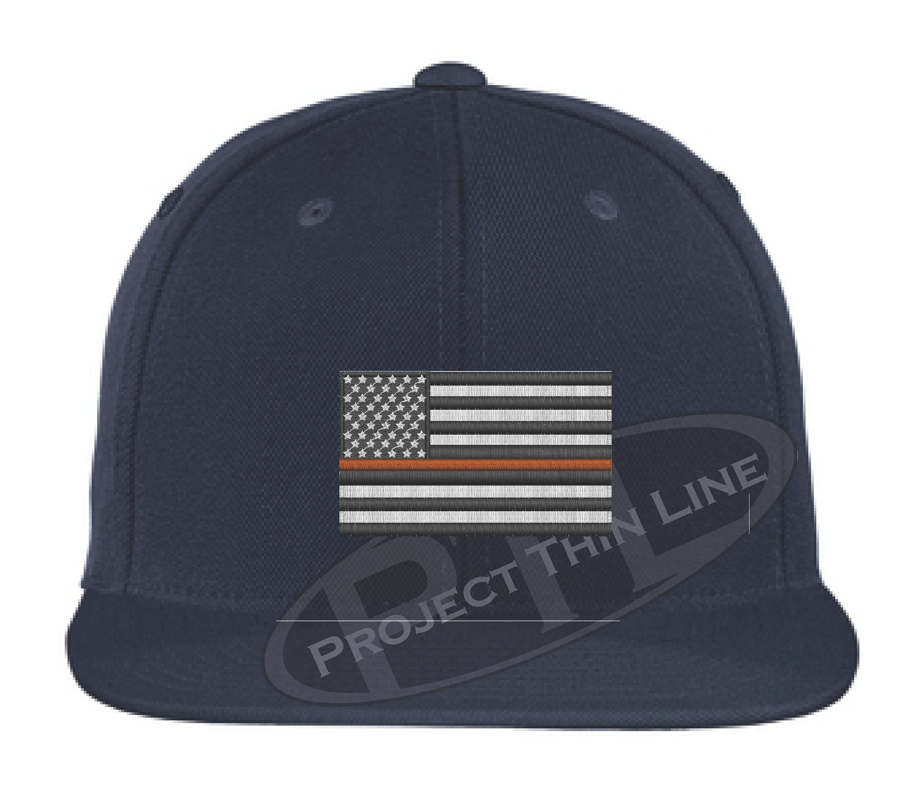 Navy Embroidered Thin ORANGE American Flag Flat Bill Snapback Cap