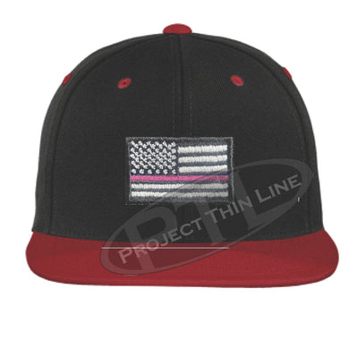 Black / Red Embroidered Thin Pink Line American Flag Flat Bill Snapback Cap