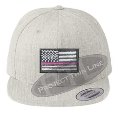 Heather Embroidered Thin Pink Line American Flag Flat Bill Snapback Cap