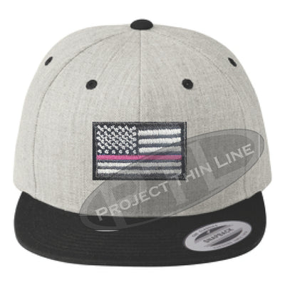 Heather / Black Embroidered Thin Pink Line American Flag Flat Bill Snapback Cap