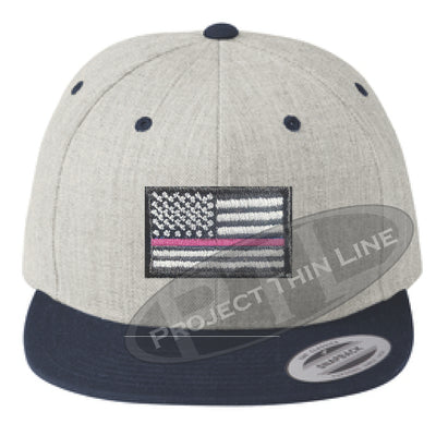 Heather / Navy Embroidered Thin Pink Line American Flag Flat Bill Snapback Cap