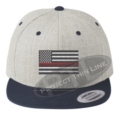 Heather / Navy Embroidered Thin RED American Flag Flat Bill Snapback Cap