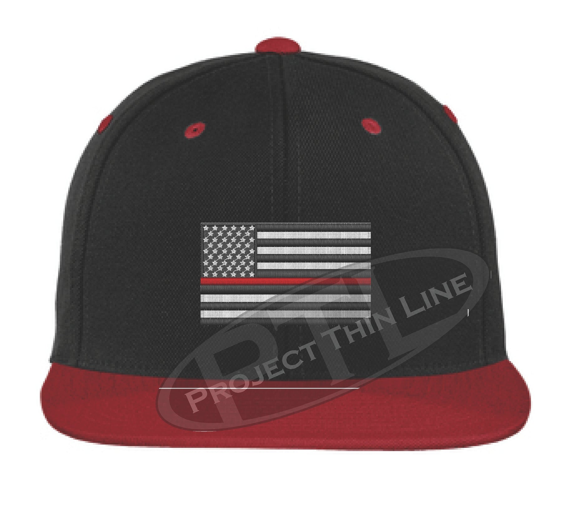 Black / Red Embroidered Thin RED American Flag Flat Bill Snapback Cap