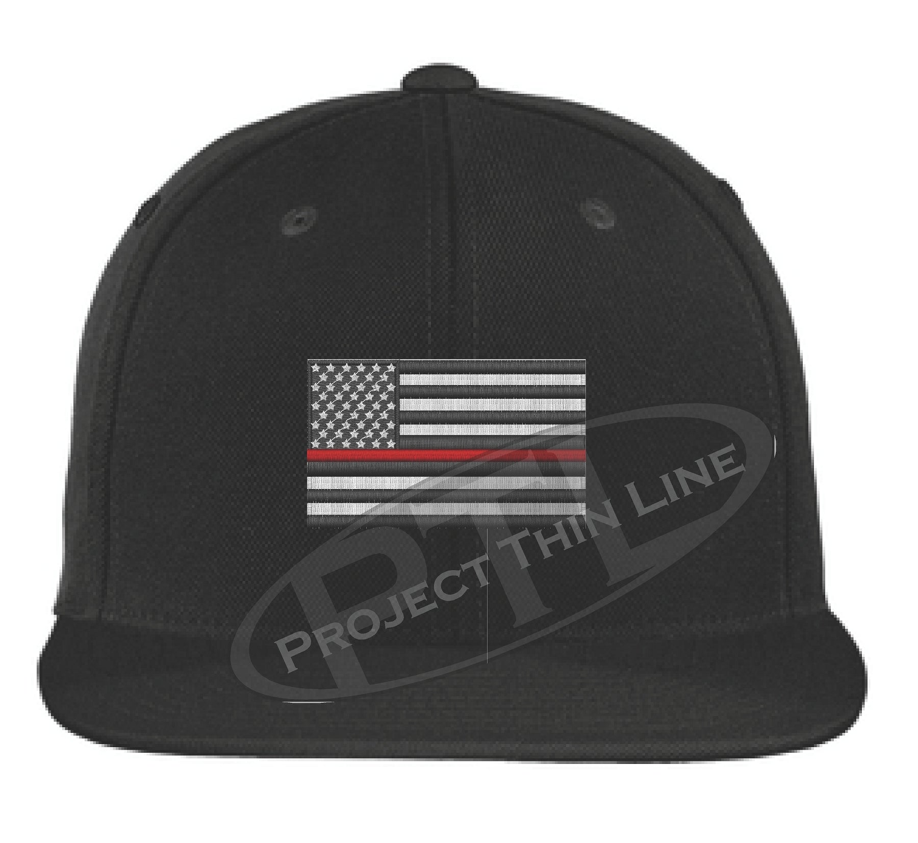 Black Embroidered Thin RED American Flag Flat Bill Snapback Cap