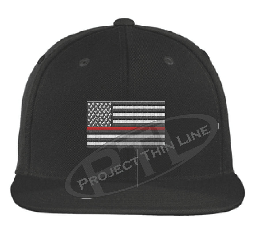 Black Embroidered Thin RED American Flag Flat Bill Snapback Cap