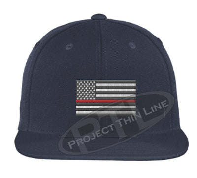 Navy Embroidered Thin RED American Flag Flat Bill Snapback Cap