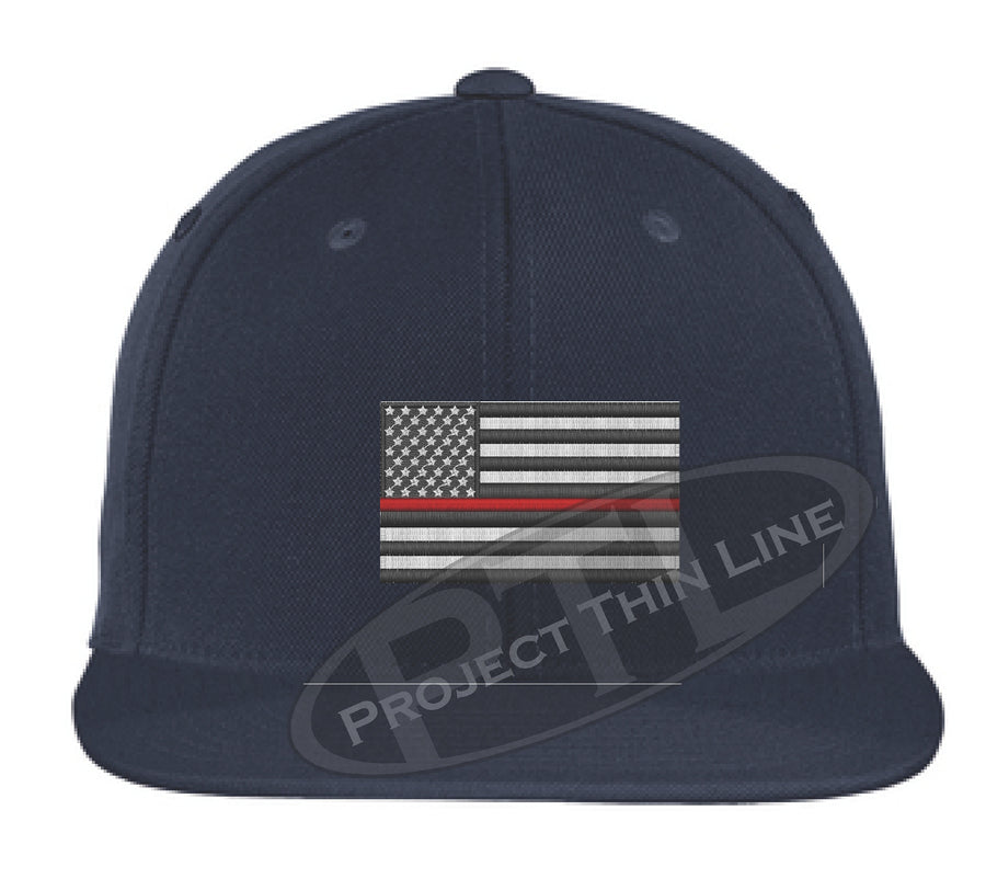 Black Embroidered Thin RED American Flag Flat Bill Snapback Cap