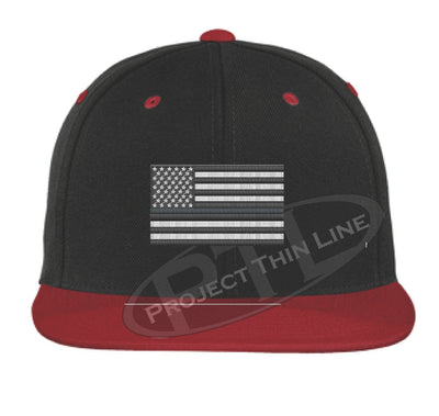 Black / Red Embroidered Thin SILVER American Flag Flat Bill Snapback Cap