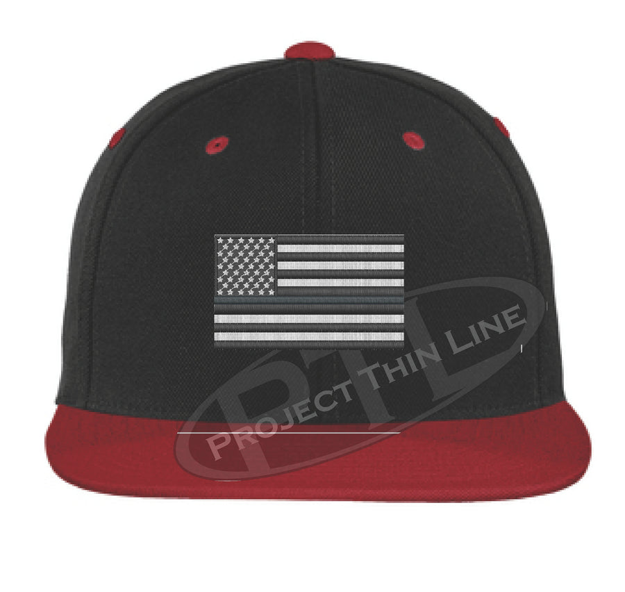 Embroidered Thin SILVER American Flag Flat Bill Snapback Cap