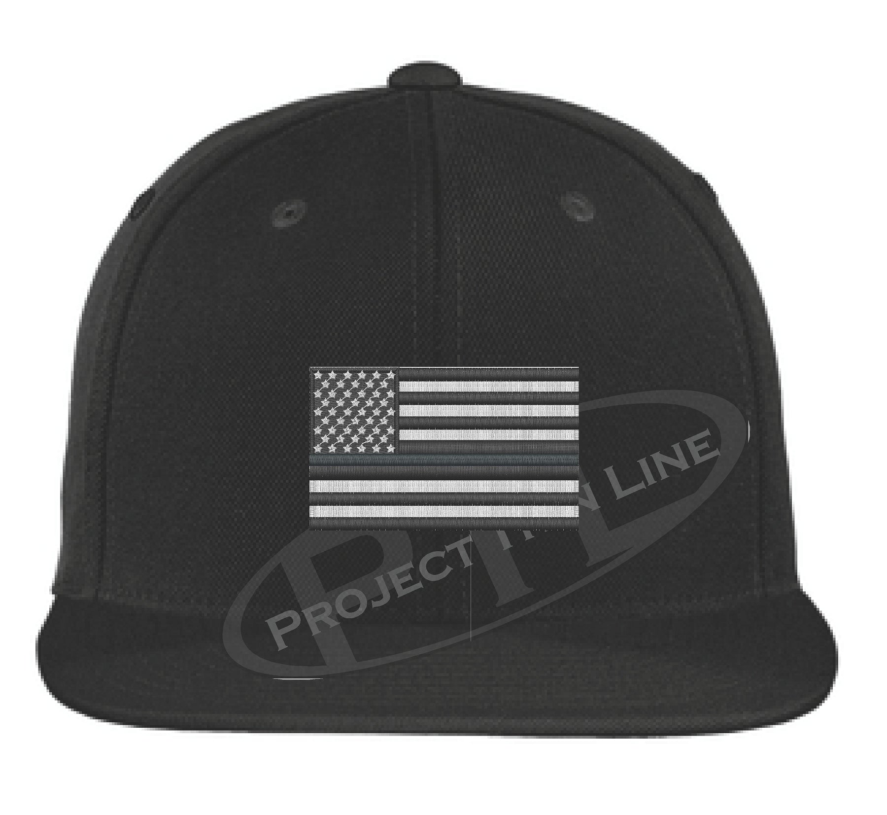 Black Embroidered Thin SILVER American Flag Flat Bill Snapback Cap