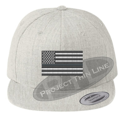 Heather Embroidered Thin SILVER American Flag Flat Bill Snapback Cap