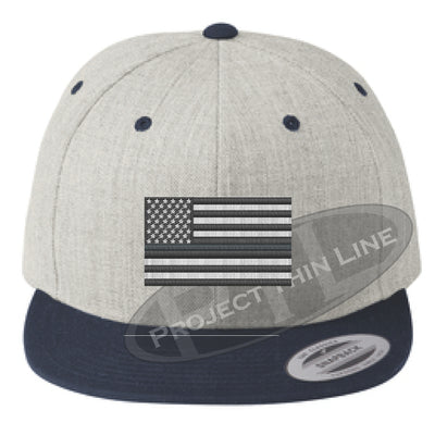 Heather / Navy Embroidered Thin SILVER American Flag Flat Bill Snapback Cap