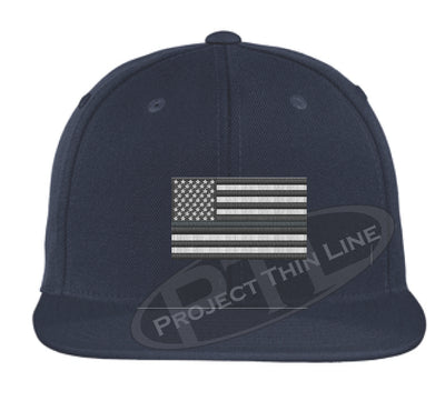 Navy Embroidered Thin SILVER American Flag Flat Bill Snapback Cap