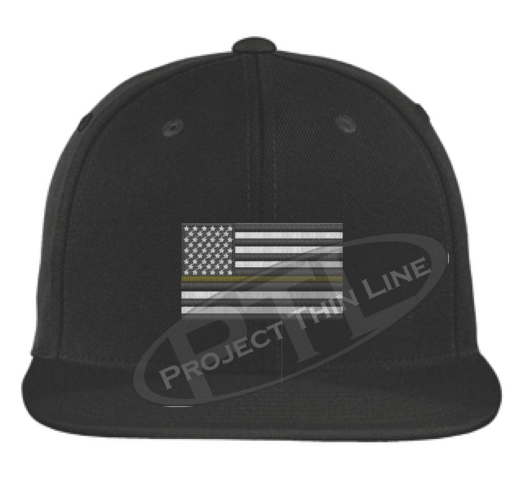 Black Embroidered Thin GOLD American Flag Flat Bill Snapback Cap