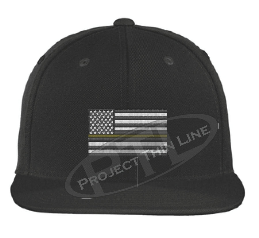 Black Embroidered Thin GOLD American Flag Flat Bill Snapback Cap