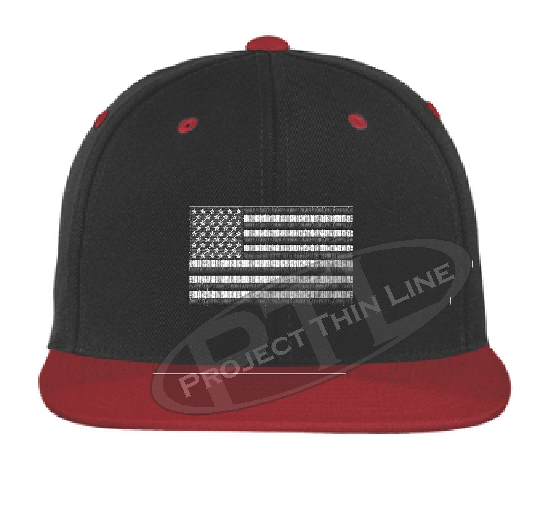 Black / Red Embroidered Thin Subdued / Tactical American Flag Flat Bill Snapback Cap