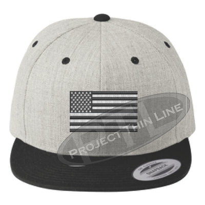 Heather / Black Embroidered Thin Subdued / Tactical American Flag Flat Bill Snapback Cap