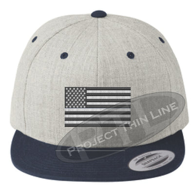 Heather / Navy Embroidered Thin Subdued / Tactical American Flag Flat Bill Snapback Cap