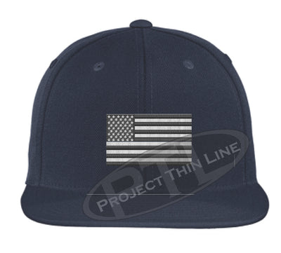 Navy Embroidered Thin Subdued / Tactical American Flag Flat Bill Snapback Cap