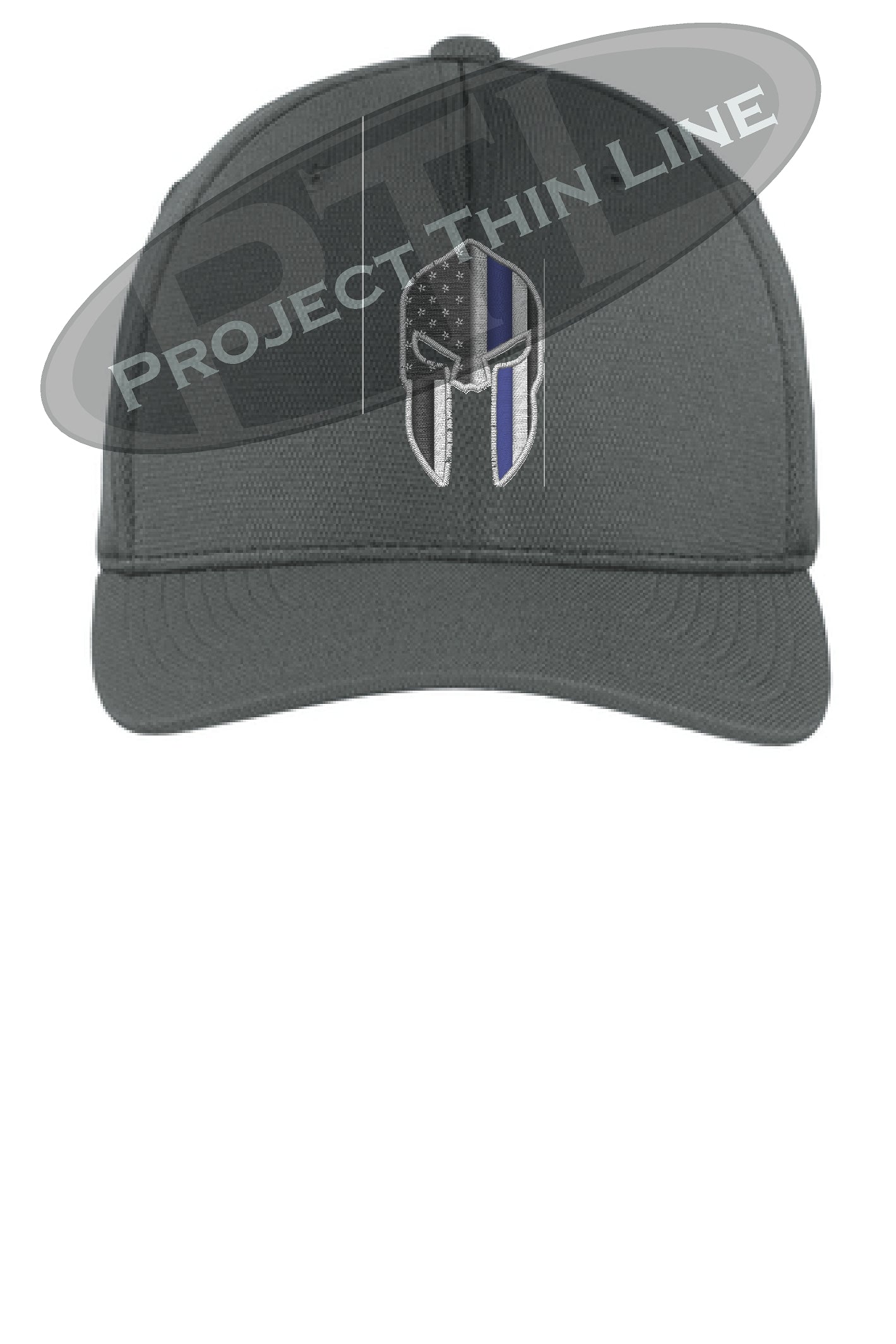 Dark Grey  Flex Fit Hat Spartan Helmet with Thin Blue Line
