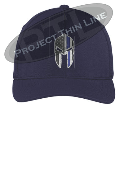 Navy  Flex Fit Hat Spartan Helmet with Thin Blue Line