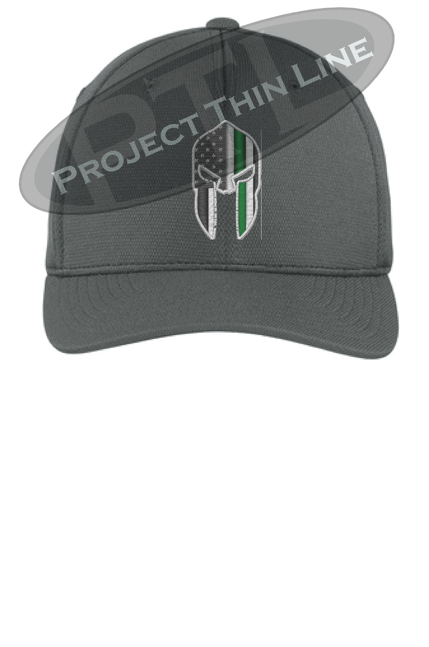 Dark Grey Flex Fit Hat Spartan Helmet with Thin GREEN Line