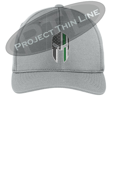 Light Grey Flex Fit Hat Spartan Helmet with Thin GREEN Line