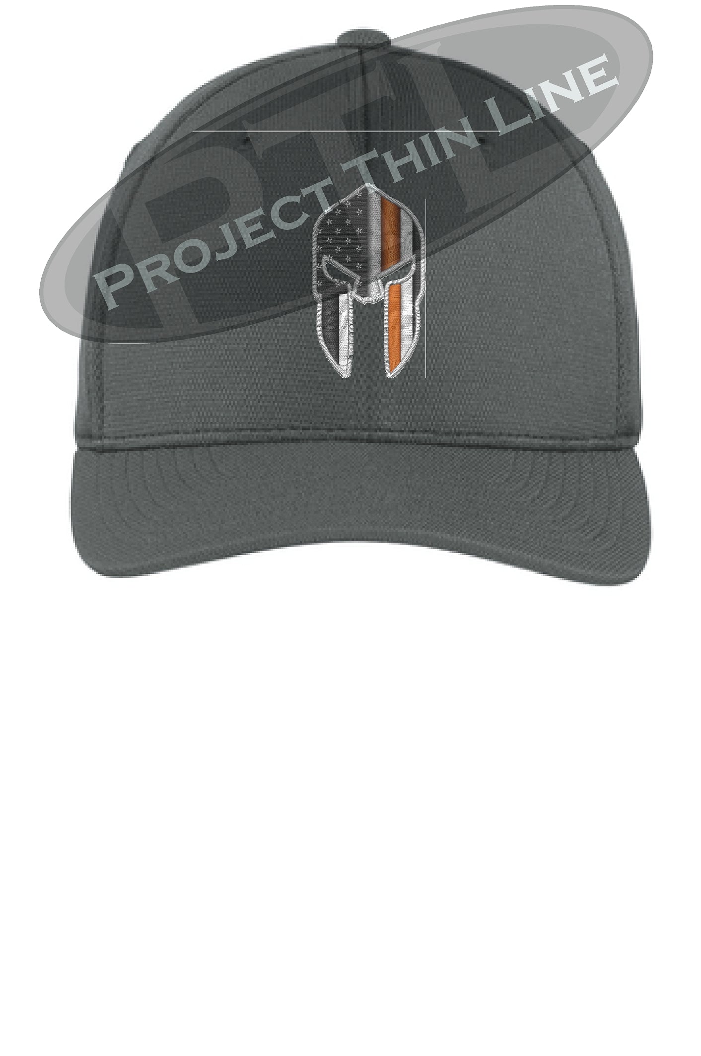 Dark Grey Thin ORANGE Line Spartan inlayed with the American Flag Flex Fit Fitted Hat
