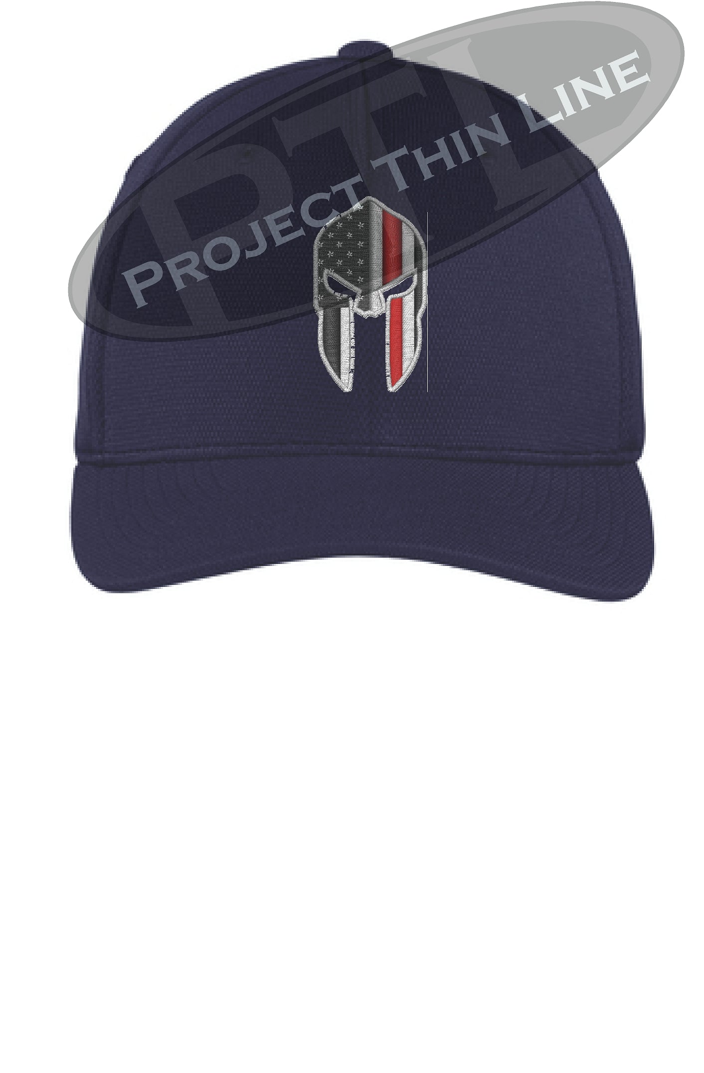 Navy Flex Fit Hat Spartan Helmet with Thin RED Line