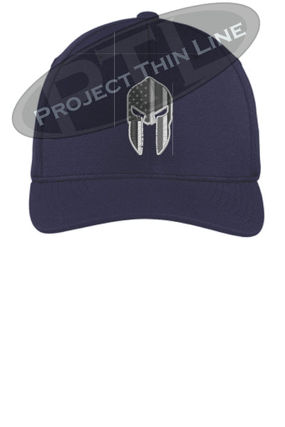 Navy Flex Fit Hat Spartan Helmet with Thin Silver Line