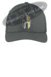 Dark Grey Thin YELLOW Line Spartan inlayed with the American Flag Flex Fit Fitted Hat