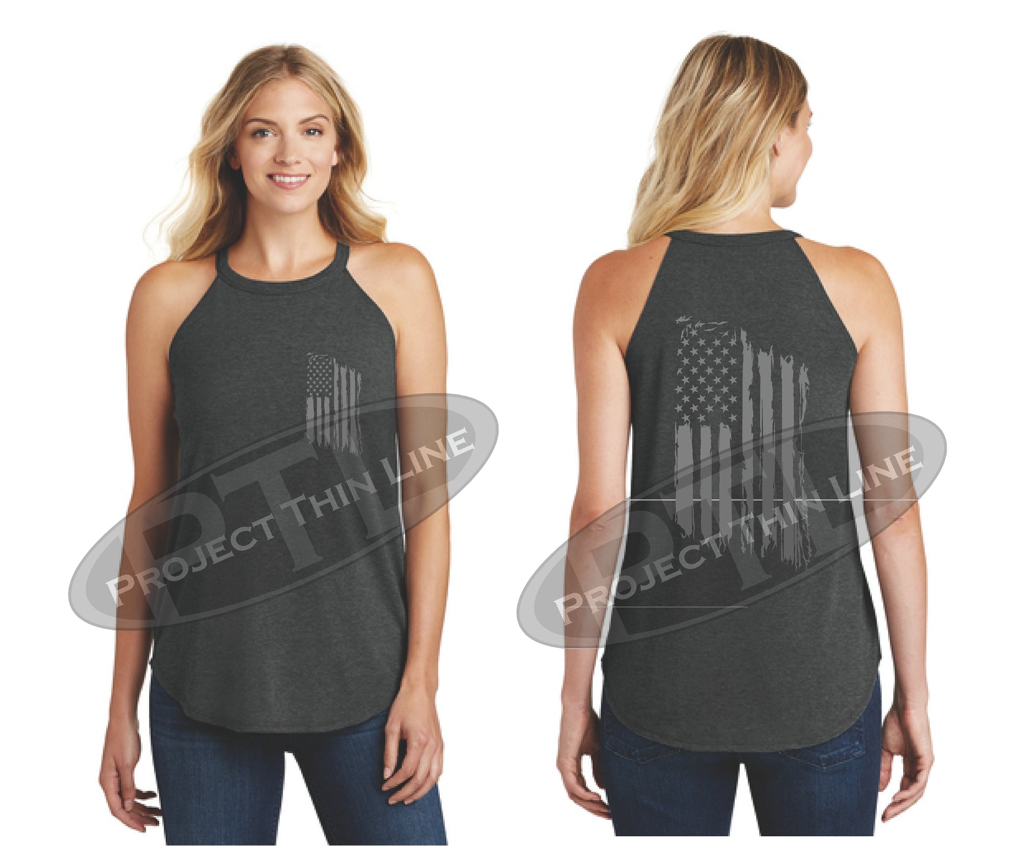 Black Tattered Tactical - Subdued American Flag Rocker Tank Top