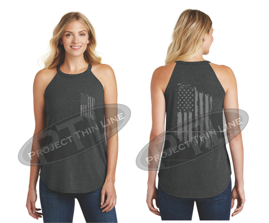 Black Tattered Tactical - Subdued American Flag Rocker Tank Top