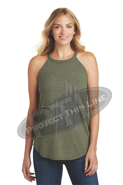 OD Green Tattered Tactical - Subdued American Flag Rocker Tank Top - FRONT