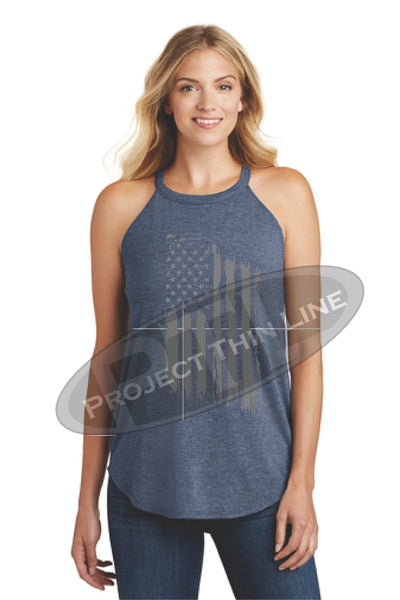 Navy Tattered Tactical - Subdued American Flag Rocker Tank Top - FRONT