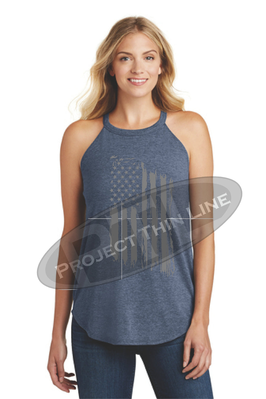 OD Green Tattered Tactical - Subdued American Flag Rocker Tank Top - FRONT