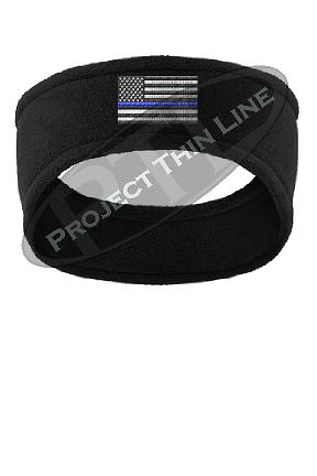 Black Fleece Headband embroidered with Thin Blue Line subdued American Flag