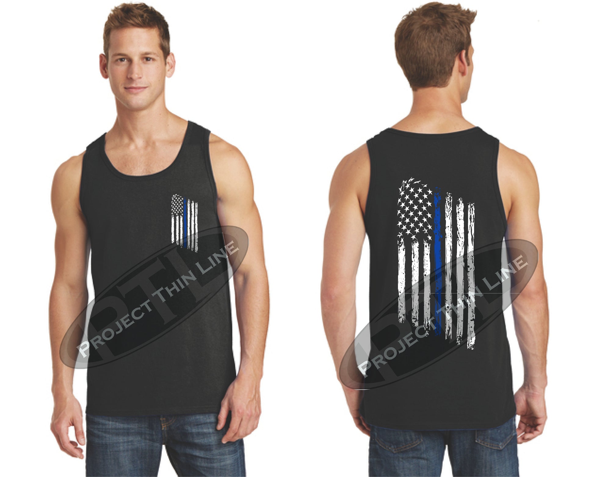 Black Thin BLUE Line Tattered American Flag Tank Top