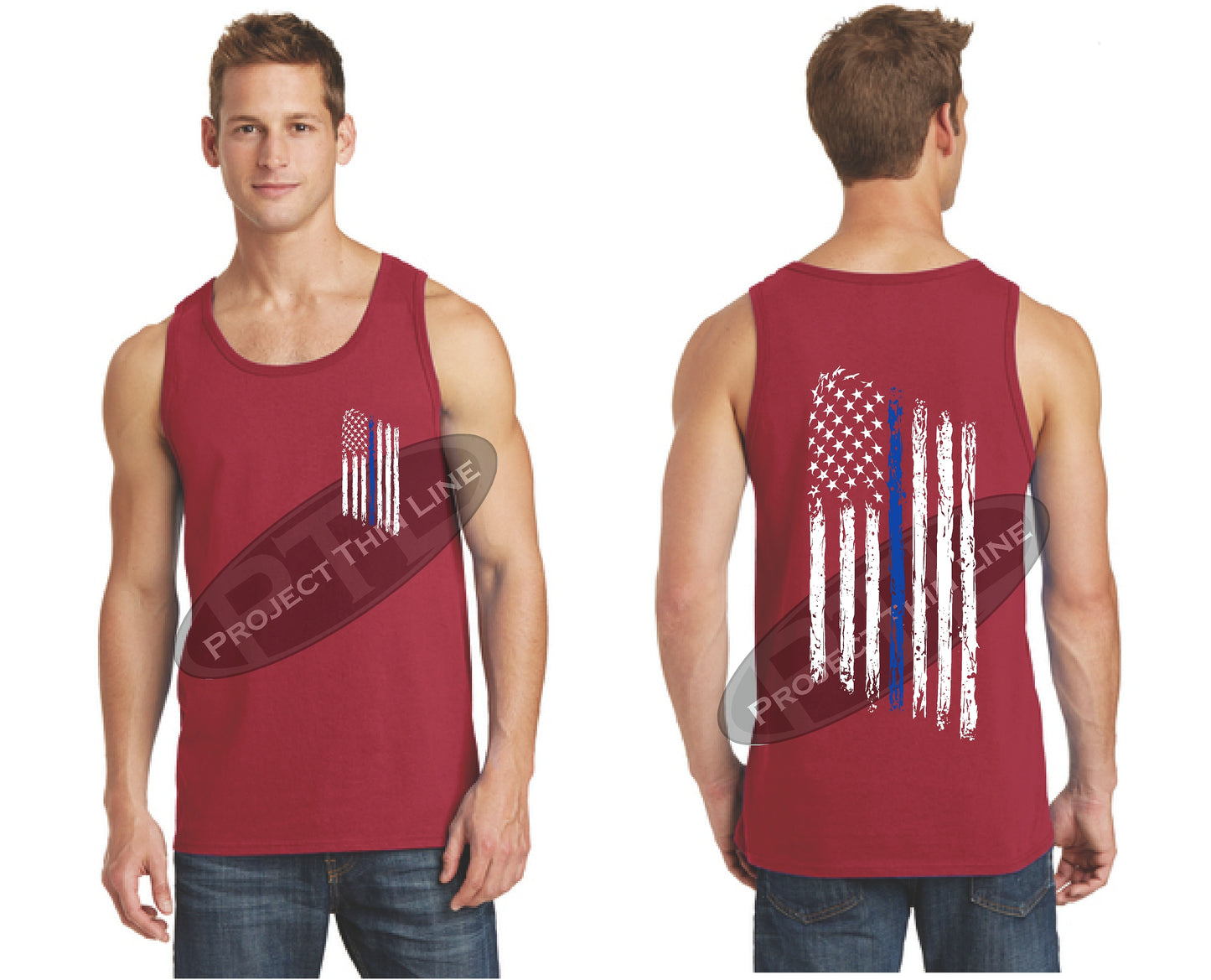 Cardinal Thin BLUE Line Tattered American Flag Tank Top