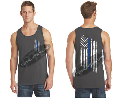Charcoal Thin BLUE Line Tattered American Flag Tank Top