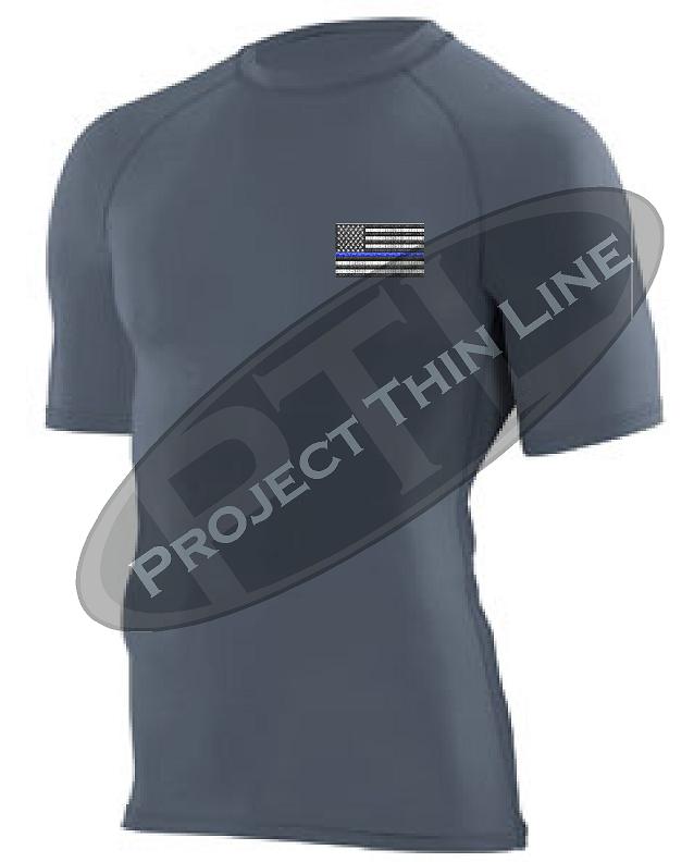 Black Embroidered Thin Blue Line American Flag Short Sleeve Compression Shirt