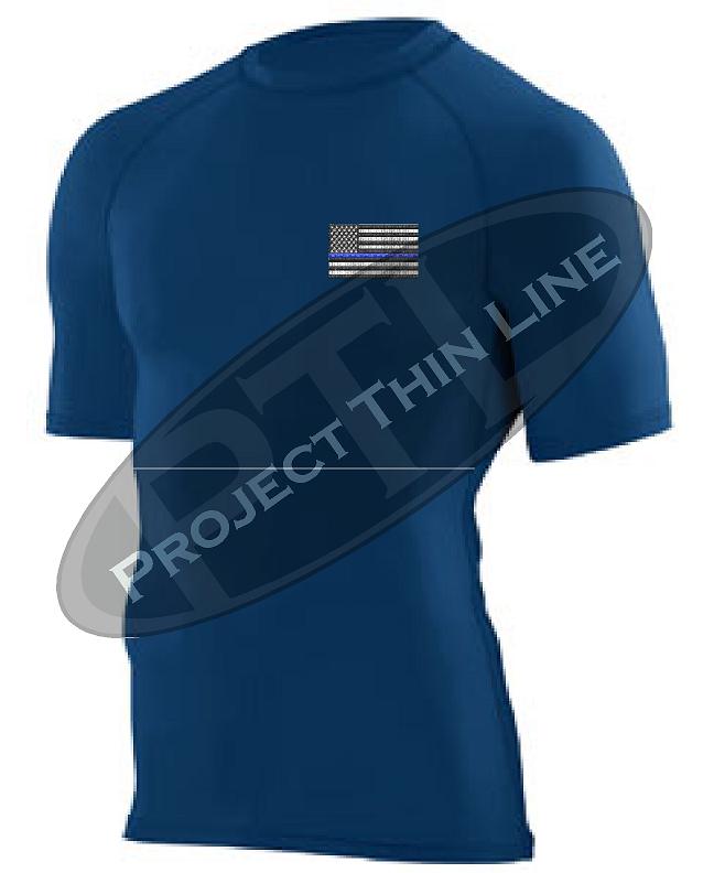 Navy Embroidered Thin Blue Line American Flag Short Sleeve Compression Shirt